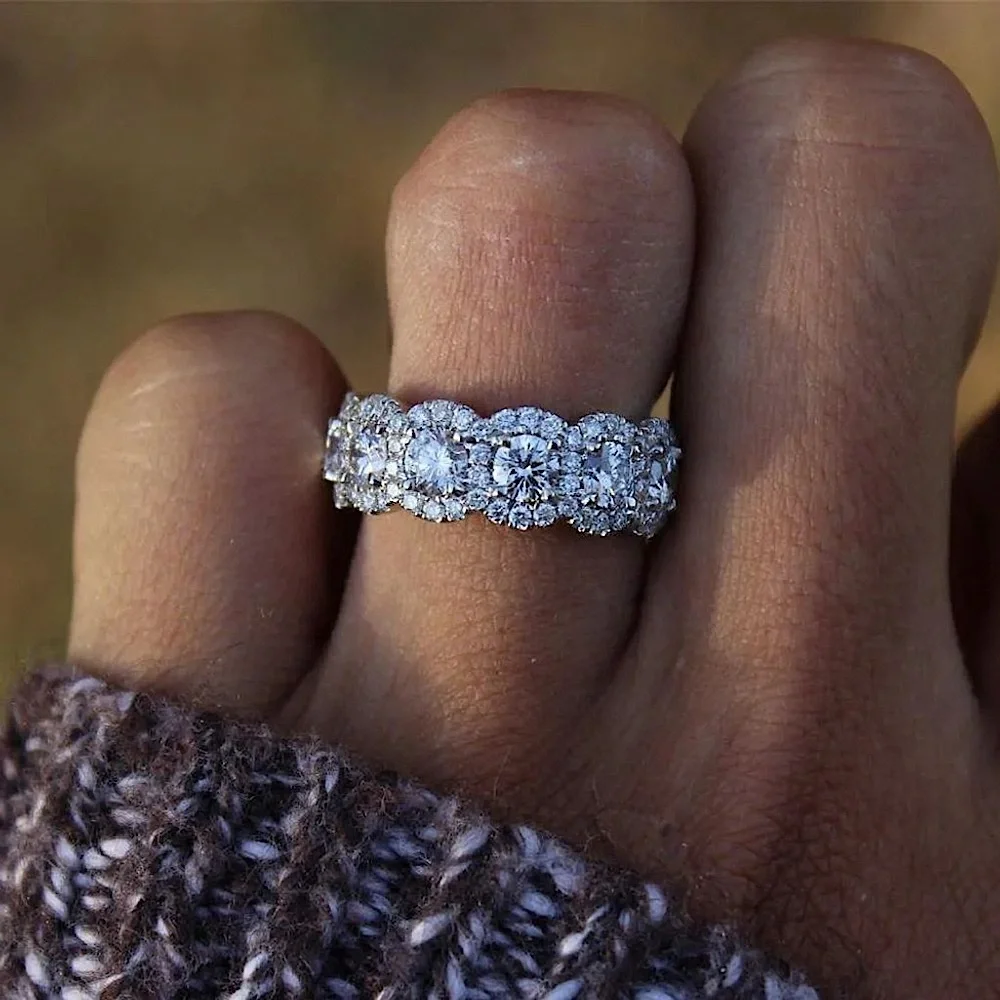5‎ Stone Halo Simulated Diamond Ring | Platinum Plated Sterling Silver